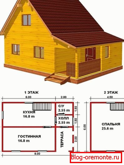 Проект дерев'яного будинку 6 * 8 з мансардою Проект дерев'яного будинку 6 * 8 з мансардою